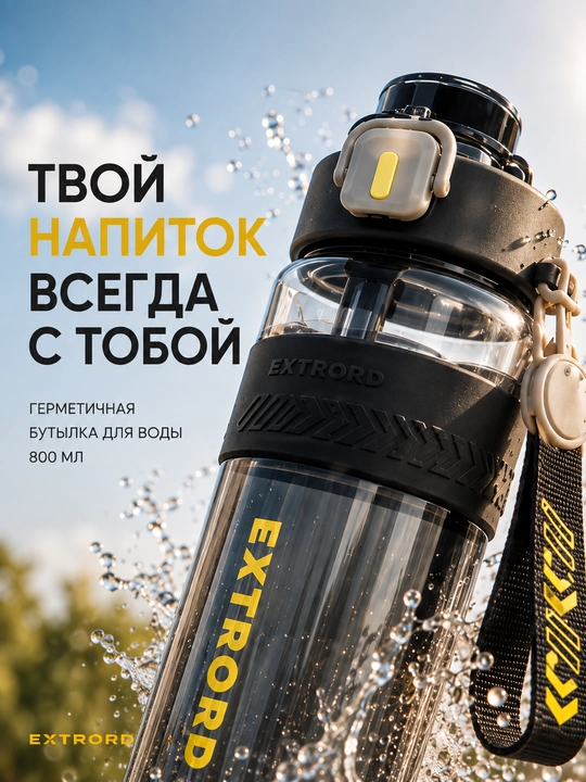 Бутылка для воды, спортивная, 800 мл, с ремешком + щетка для мытья - 