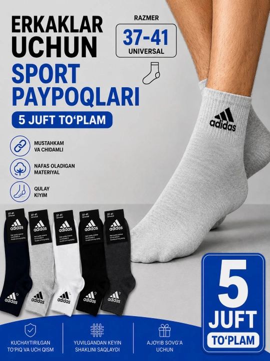 Erkaklar sport paypoqlari, 5 juft to‘plam, 37-41, Kuzgi