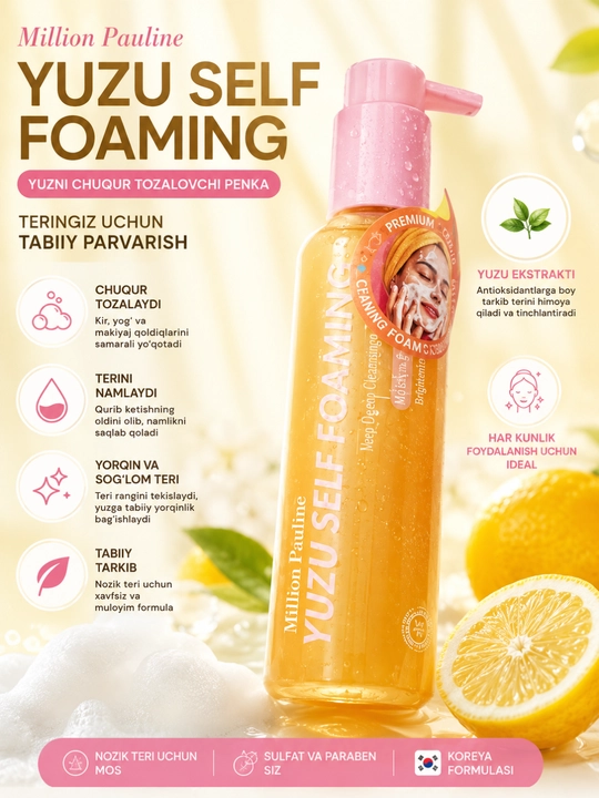 LALARECIPE Penka Yuzu Self Foaming yuvinish uchun ko‘pik, 3 tasi 1 da,yuzni tozalash uchun