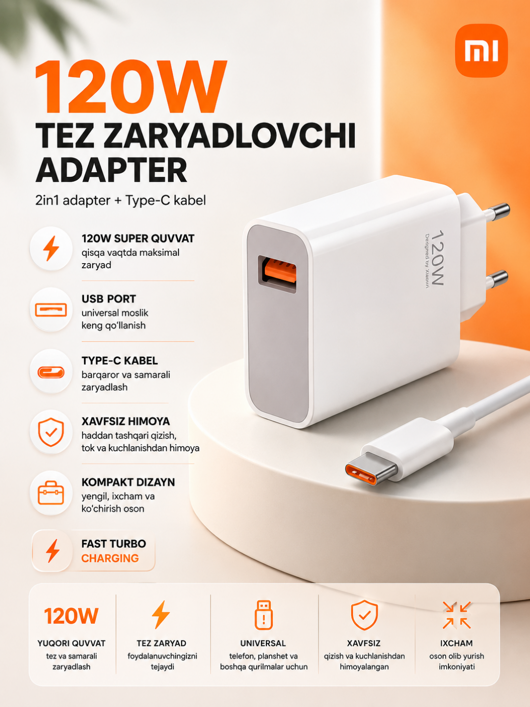 Быстрое зарядное устройство Xiaomi 120W Power Adapter Suit с кабелем Type-C, Turbo Charge - 