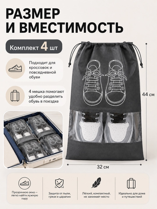 Мешок для хранения обуви, 32×44 см, набор 4 шт, дорожный чехол с прозрачным окном