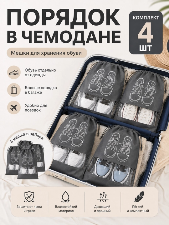 Мешок для хранения обуви, 32×44 см, набор 4 шт, дорожный чехол с прозрачным окном - 