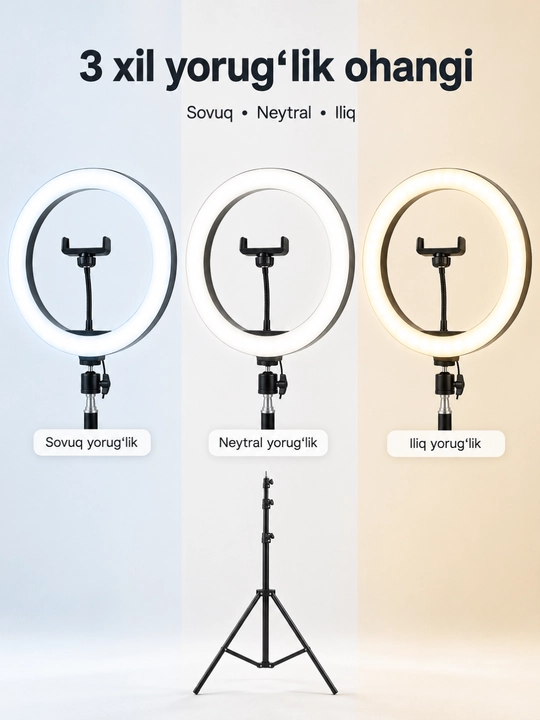 RGB halqali LED lampa, balandligi sozlanadigan shtativ va telefon tutqichi bilan