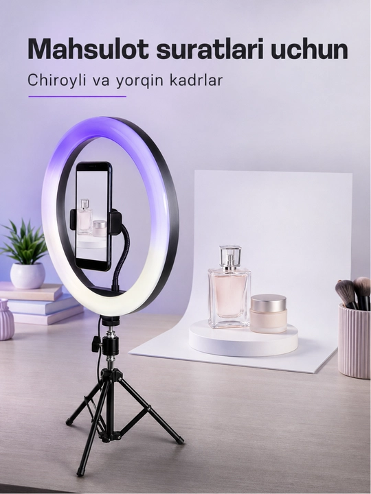 RGB halqali LED lampa, balandligi sozlanadigan shtativ va telefon tutqichi bilan