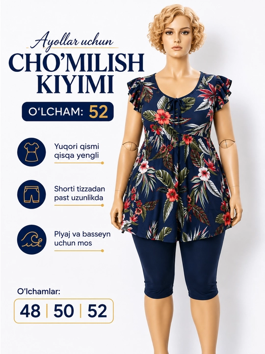 Ayollar uchun cho'milish kiyimi, kapri, standart o'lchamlarda 48-52 gacha - 