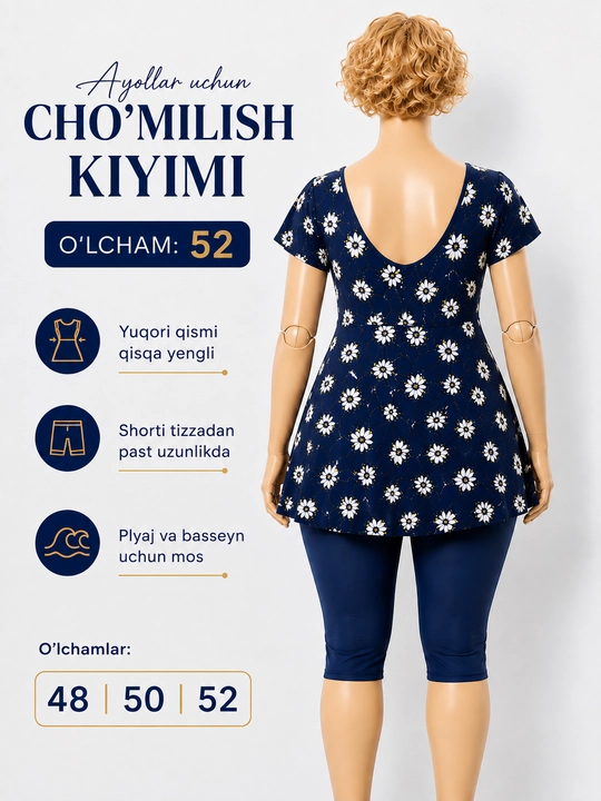 Ayollar uchun cho'milish kiyimi, kapri, standart o'lchamlarda 48-52 gacha