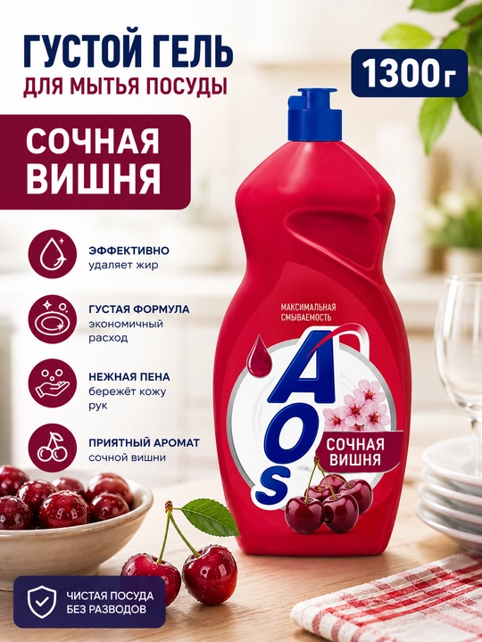 ЖМС AOS Сочная Вишня 1300 г — густой гель для мытья посуды - 