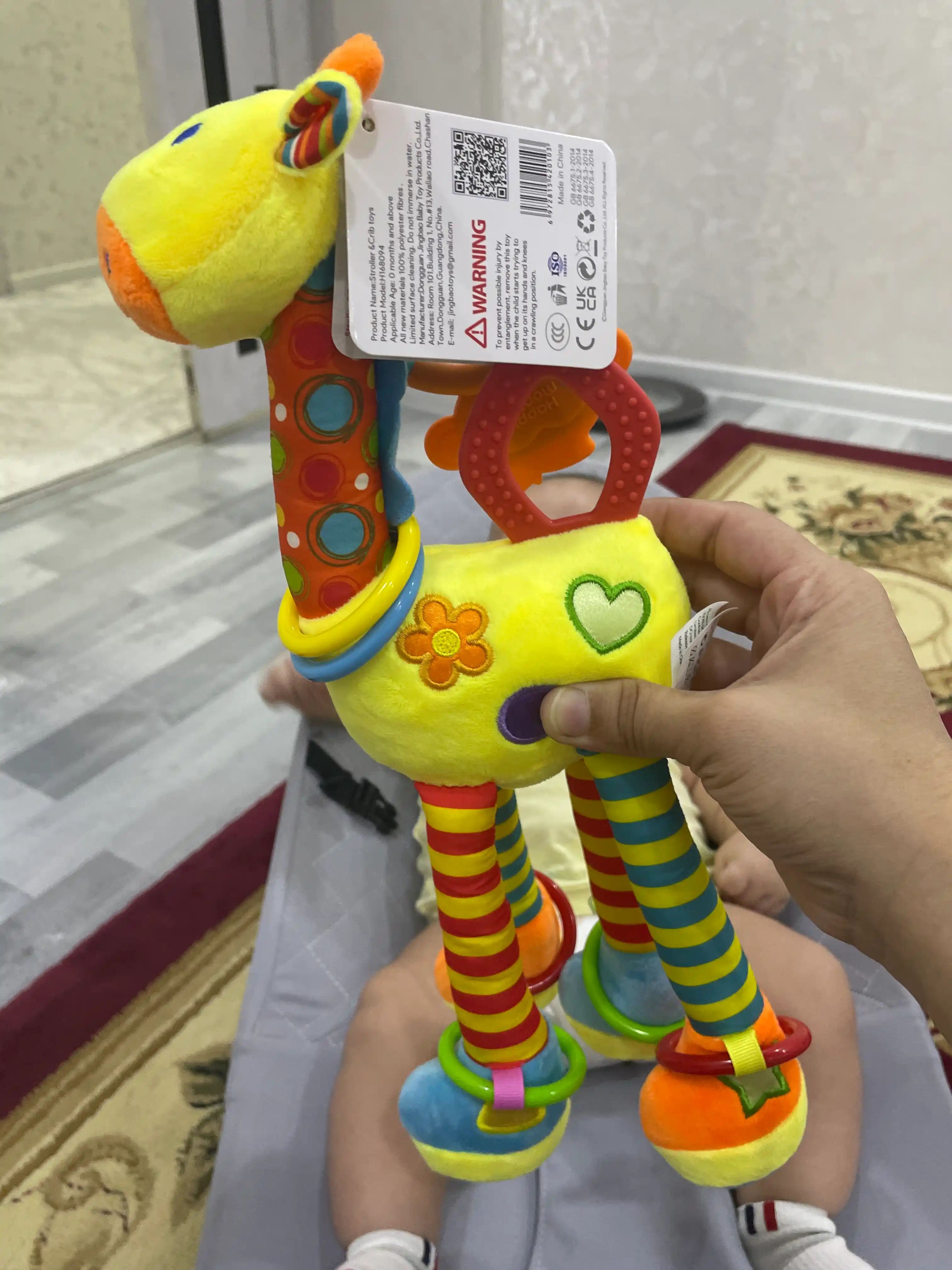 Chaqaloqlar uchun shovqinli o'yinchoq, 0 dan, kemirishli shaqildoq, osilgan jirafa