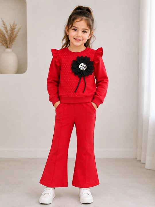 Красный костюм для девочки, кофта и брюки клеш, комплект 3-5 лет