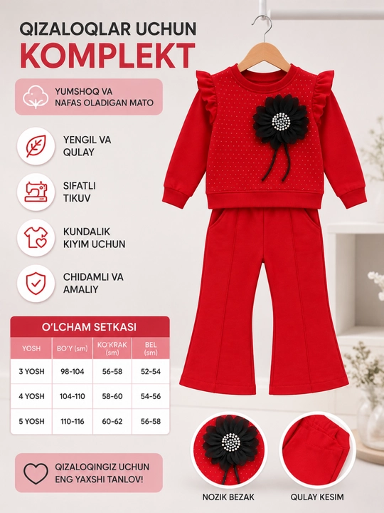 Красный костюм для девочки, кофта и брюки клеш, комплект 3-5 лет