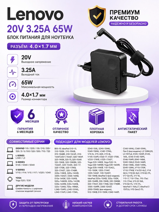 Premium quvvat adapteri 20V 3.25A 4.0x1.7 65W (ADLX65CCGA2A) Lenovo S340-15IWL, L340-15IWL - 