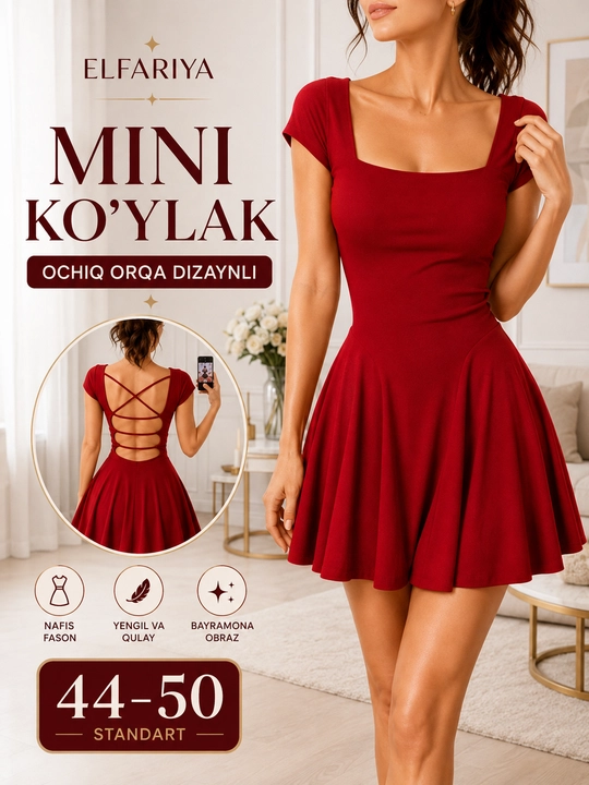 Ayollar uchun mini ko‘ylak, ochiq orqa dizaynli, nafis va zamonaviy, 44–50 - 