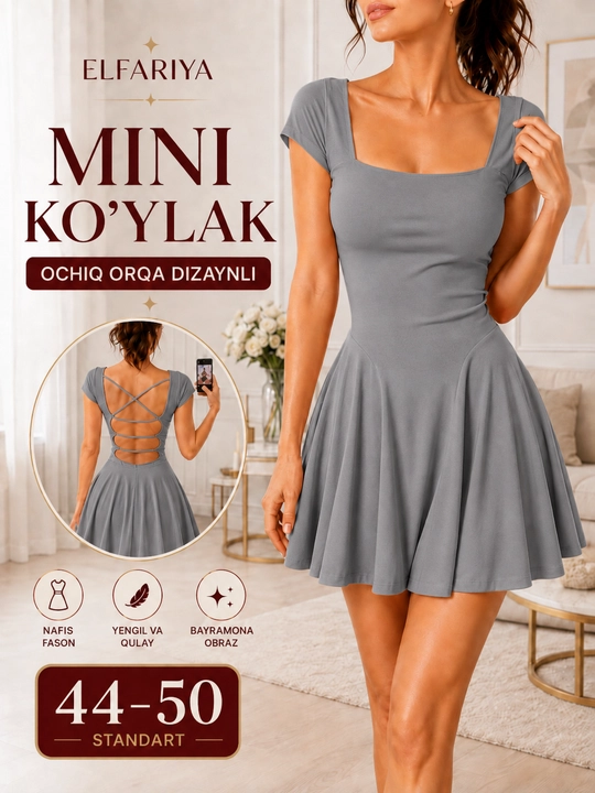 Ayollar uchun mini ko‘ylak, ochiq orqa dizaynli, nafis va zamonaviy, 44–50 - 