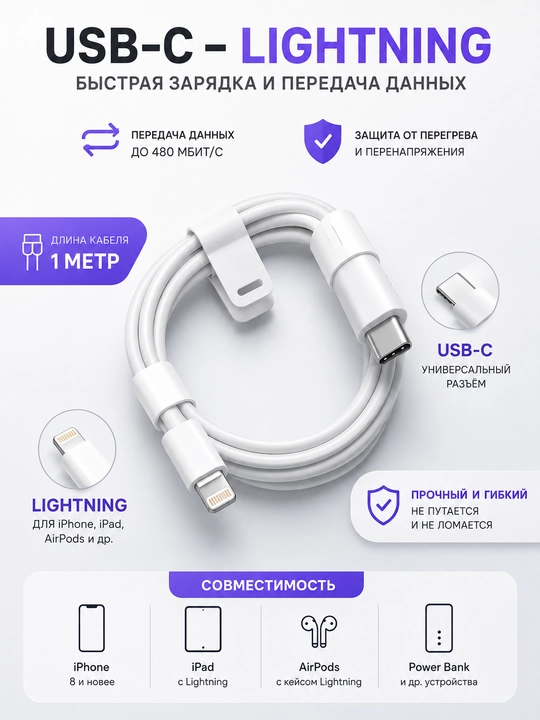 Кабель для iPhone Type-C–Type-C / Type-C–Lightning, быстрая зарядка