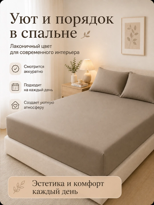 Простыня на резинке 180×220 см, двуспальная, полиэстер, однотонная