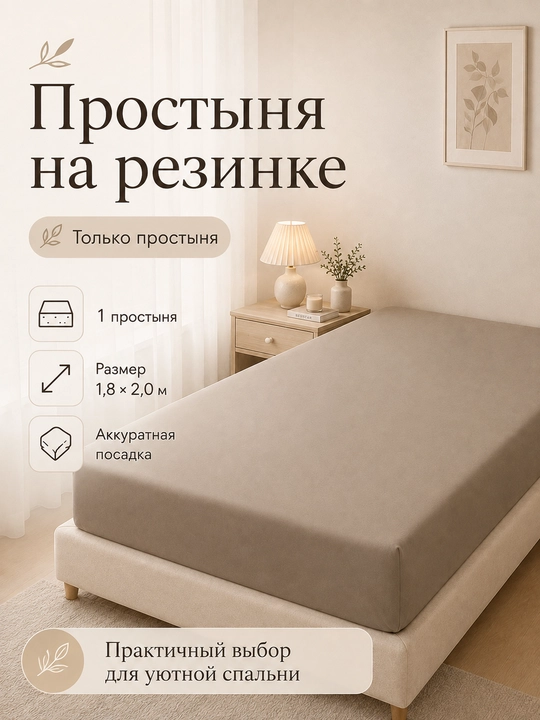 Простыня на резинке 180×220 см, двуспальная, полиэстер, однотонная