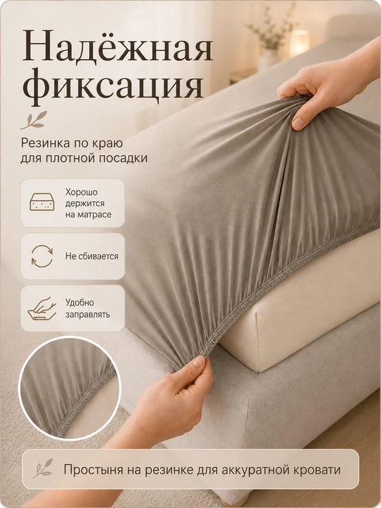 Простыня на резинке 180×220 см, двуспальная, полиэстер, однотонная
