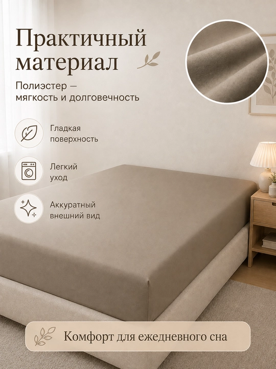 Простыня на резинке 180×220 см, двуспальная, полиэстер, однотонная