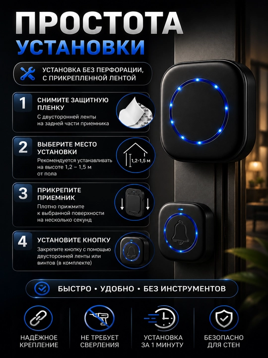 Звонок без проводной, дверной звонок на дверь, звонок для двери, кнопки на дверь, беспроводной