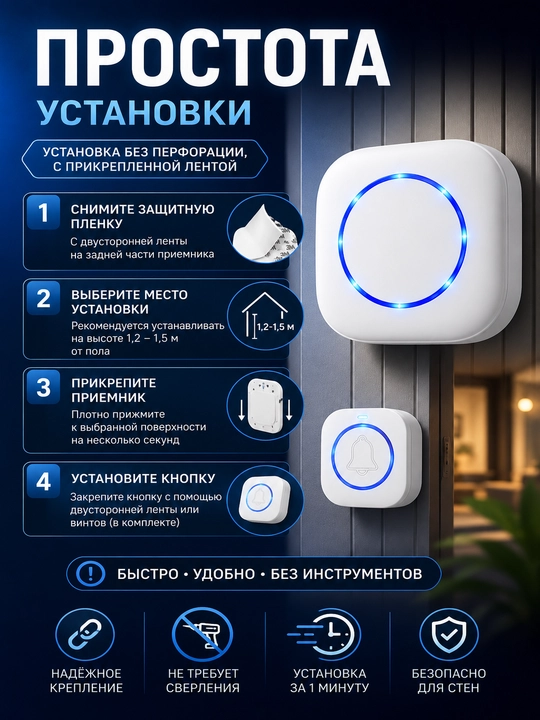Звонок без проводной, дверной звонок на дверь, звонок для двери, кнопки на дверь, беспроводной