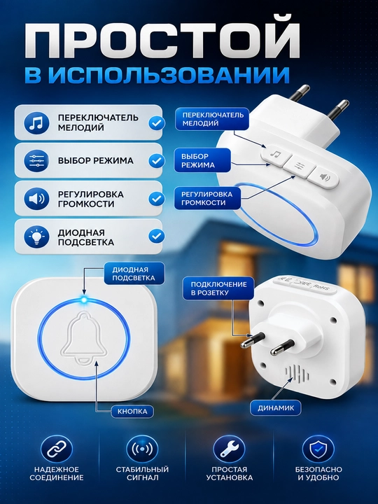 Звонок без проводной, дверной звонок на дверь, звонок для двери, кнопки на дверь, беспроводной