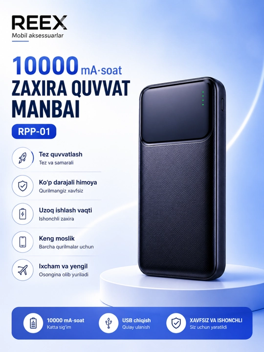 REEX RPB-01 Zaxira Quvvat Manbai 10000 mAh Tashqi Akkumulyator Power Bank - 