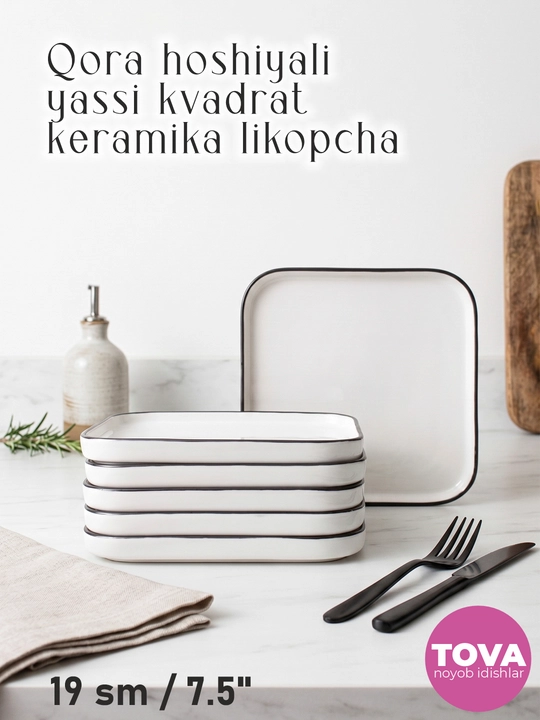 Qora hoshiyali yassi kvadrat keramika likopchalar to'plami, 19 sm, desert uchun - 