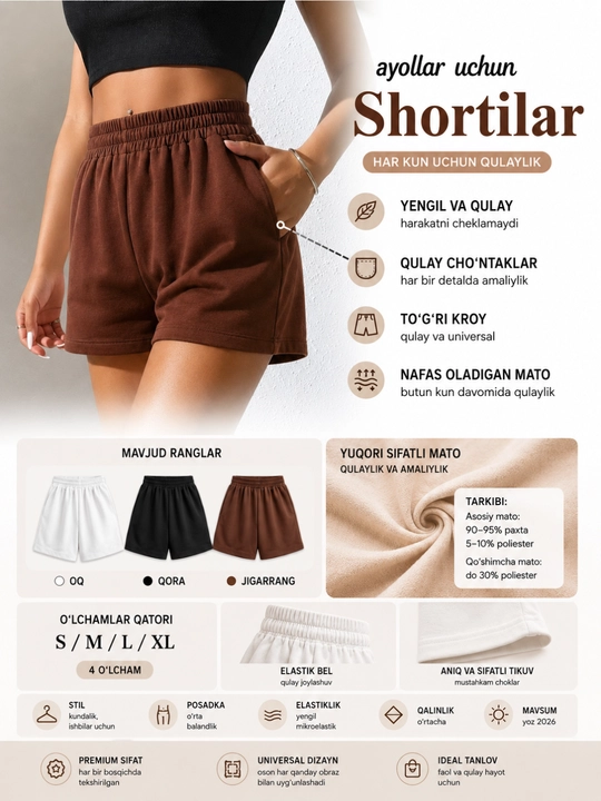 Ayollar kundalik va sport shortilari, rezinkali oversayz