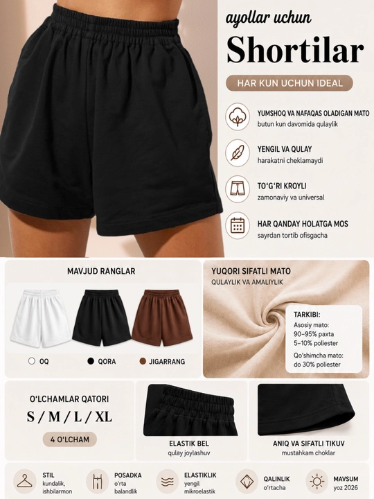 Ayollar kundalik va sport shortilari, rezinkali oversayz
