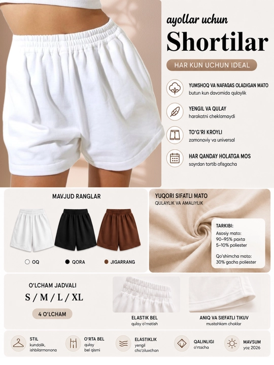 Ayollar kundalik va sport shortilari, rezinkali oversayz
