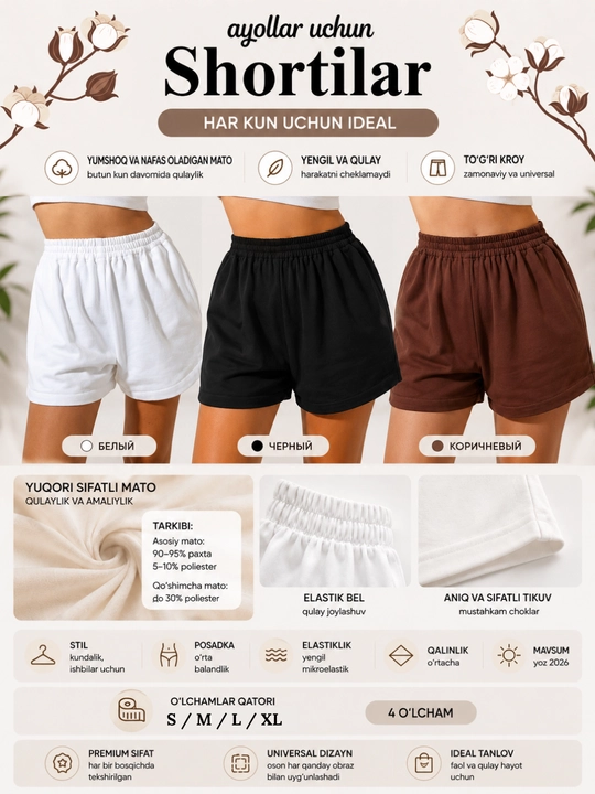 Ayollar kundalik va sport shortilari, rezinkali oversayz