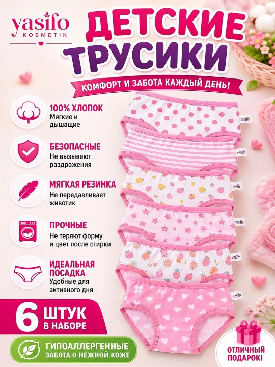 Детские трусики для девочек 6 шт — натуральный хлопок