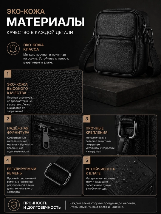 Сумка мужская через плечо из экокожи,чёрная,местительная,регулируемый ремень, повседневная