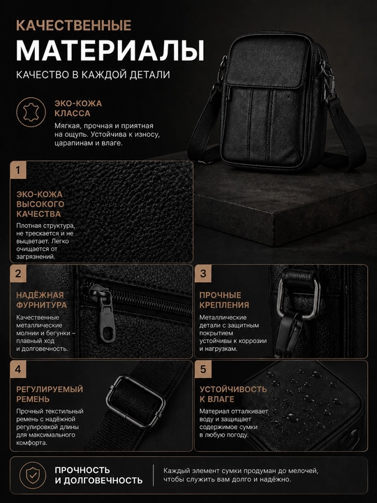 Сумка мужская через плечо из экокожи,чёрная,местительная,регулируемый ремень, повседневная