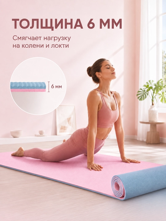 Коврик для йоги и фитнеса TPE 183×61×0,6 см, двусторонний нескользящий, с ремешком
