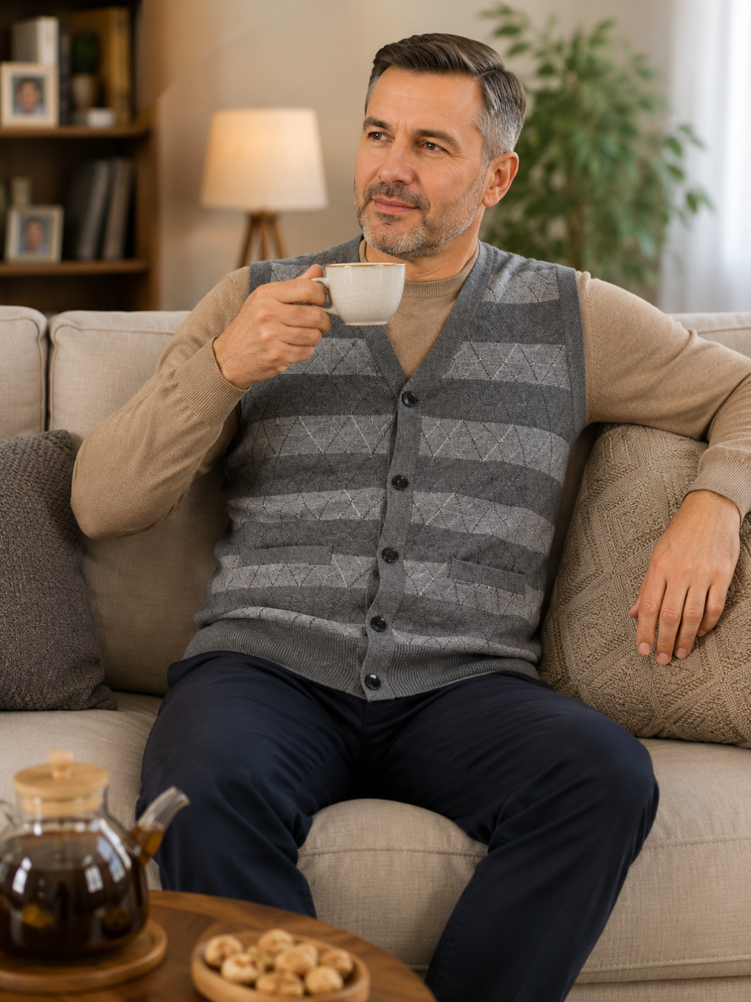Erkaklar uchun trikotaj jilet tugmali, cho‘ntakli klassik yelek bahor kuz qish XL-5XL