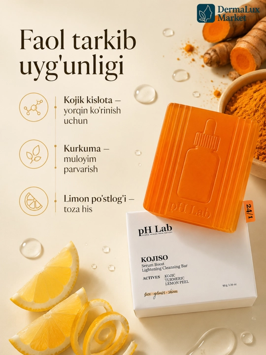 Koya kislotasi va kurkuma qo‘shilgan KOJISO pH Lab yuz tozalash sovuni, 90 g