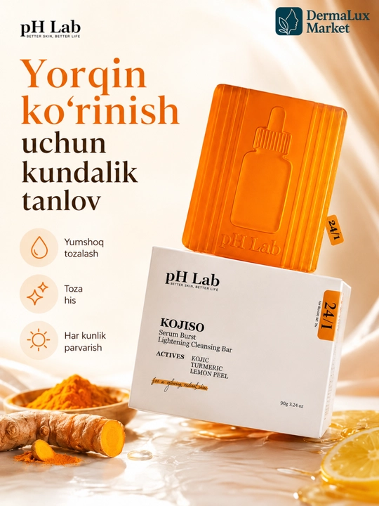 Koya kislotasi va kurkuma qo‘shilgan KOJISO pH Lab yuz tozalash sovuni, 90 g