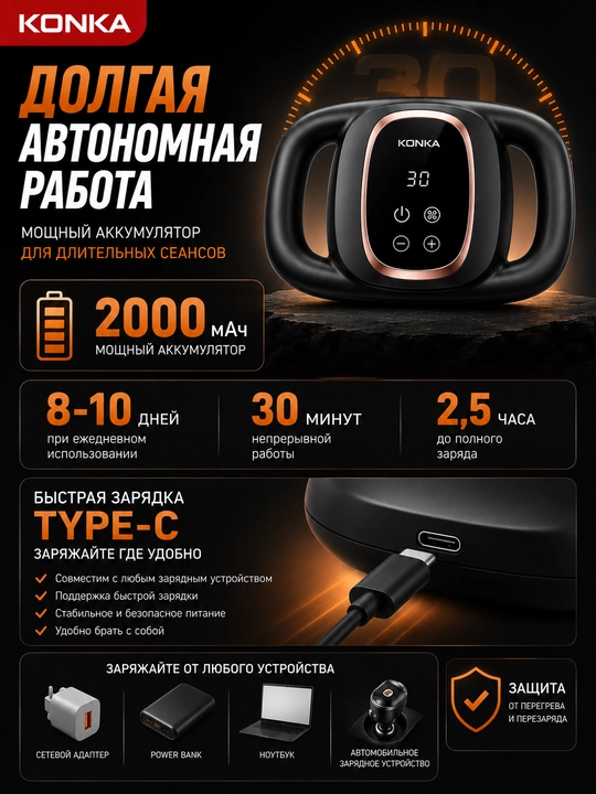 Массажёр для тела KONKA, перкуссионный массажер 6 головок, 30 скоростей, 2000 мАч, Type-C