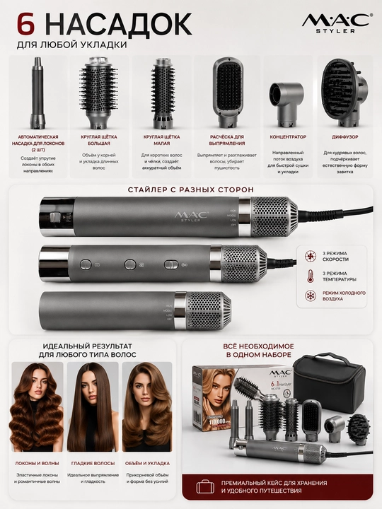 Fen-stayler 7 in 1, Coanda, soch styleri, fen cho'tka, lokon, MAC Styler, 110000 RPM
