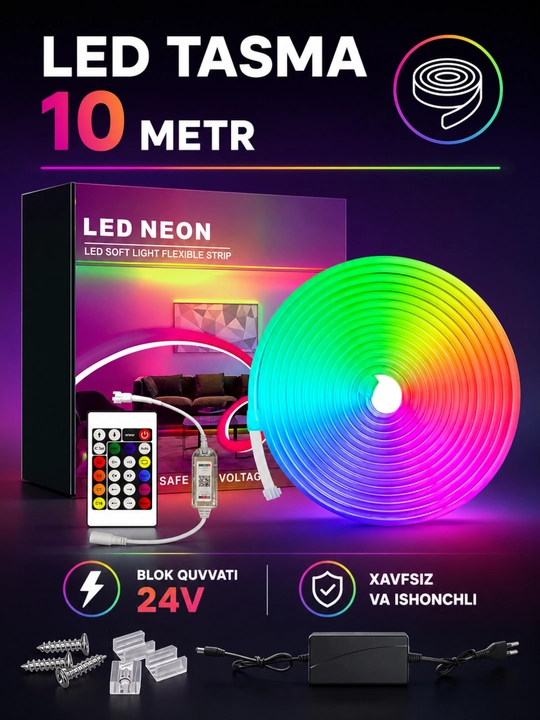 LED Neon Tasma 10 metr, RGBIC, 24V, Smart Mobil ilova boshqaruv, IP65