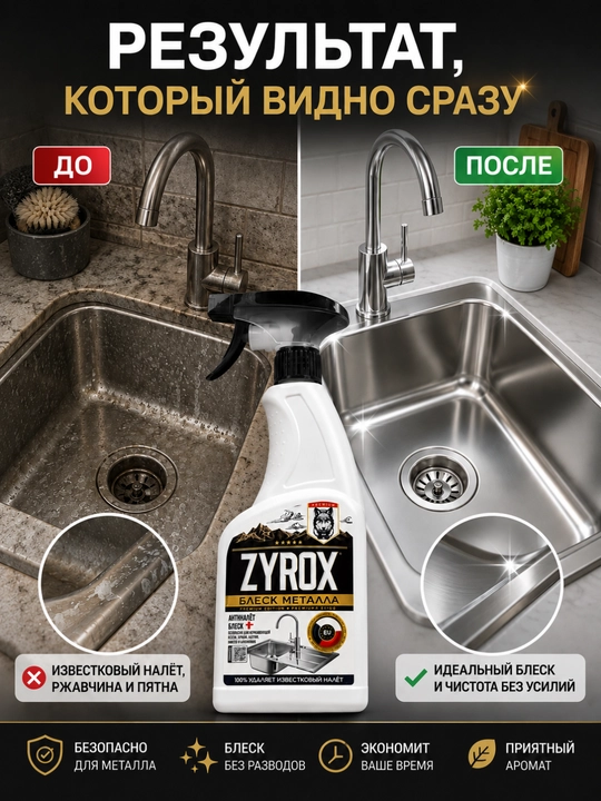 ZYROX Блеск металла — средство от известкового налёта, 600 мл
