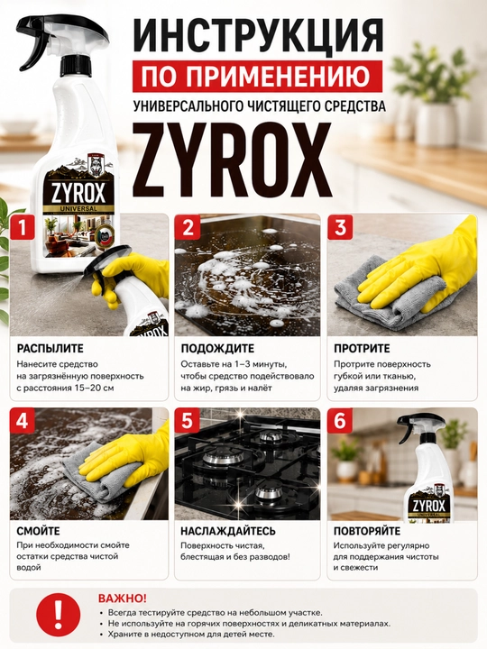 ZYROX Universal — oshxona, hammom, pollar va matolar uchun universal tozalash vositasi