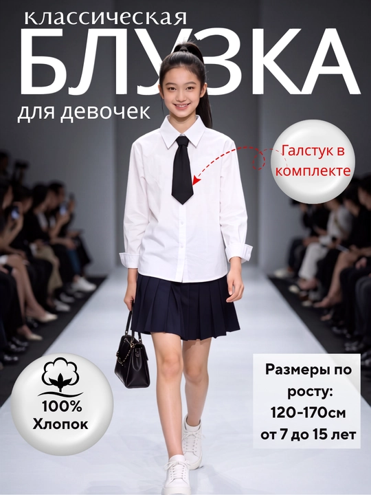 Qizlar uchun maktab bluzkasi, oq, oversize K-Style, galstuk/brosh bilan, 100% paxta - 