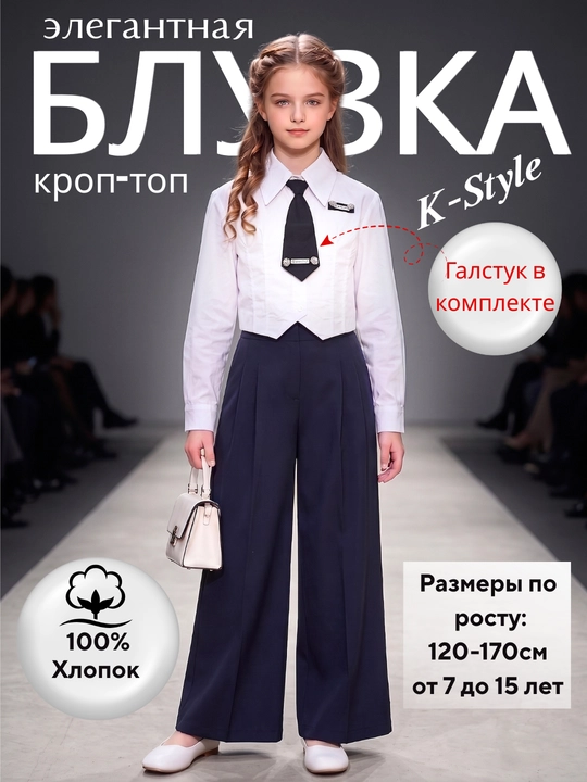 Qizlar uchun maktab bluzkasi, oq, oversize K-Style, galstuk/brosh bilan, 100% paxta - 