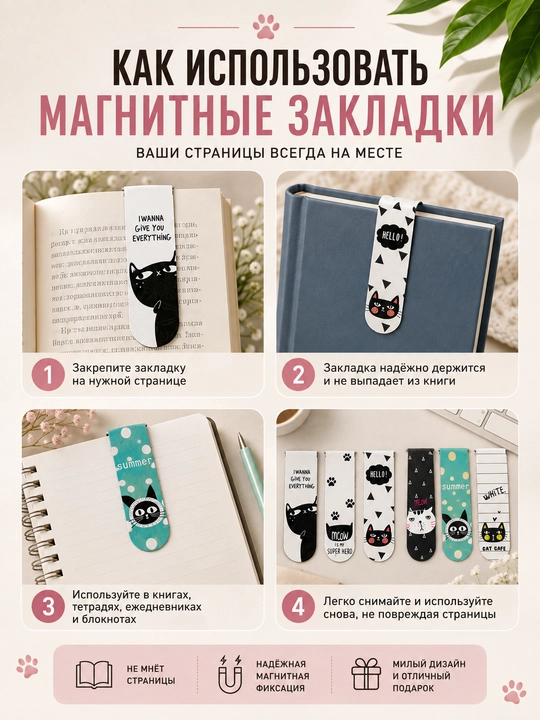 Магнитные закладки для книг, набор