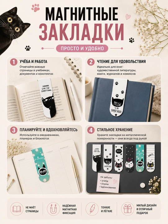 Магнитные закладки для книг, набор