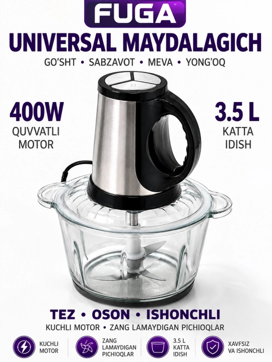 Bosch Chopper, elektr maydalagich, go‘sht qiymalagich, 3,5 litr, sovg‘a ichida