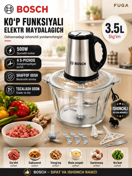 Bosch Chopper, elektr maydalagich, go‘sht qiymalagich, 3,5 litr, sovg‘a ichida - 