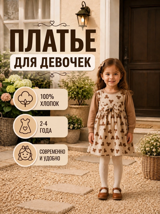 Платье для девочки 2-4 года, 100% хлопок, детская одежда, 2 модели - 